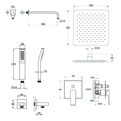Душевой набор со встраиваемым смесителем для душа, верхний душ 20x20 см, ручной душ со шлангом, штуцером и держателем ARLIE-DSET-CRM BELBAGNO