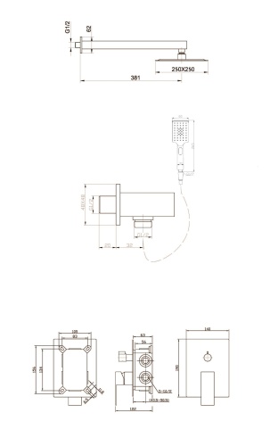 Душевой набор (Встраиваемый смеситель для душа с переключателем на два выхода, верхний душ 25см, ручной душ со шлангом, штуцером и держателем), хром ROM-DSET-CRM BELBAGNO