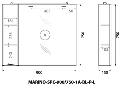 Шкаф зеркальный подвесной с одной распашной дверцей с доводчиками, с подсветкой, левосторонний MARINO-SPC-900/750-1A-BL-P-L Bianco Lucido BELBAGNO